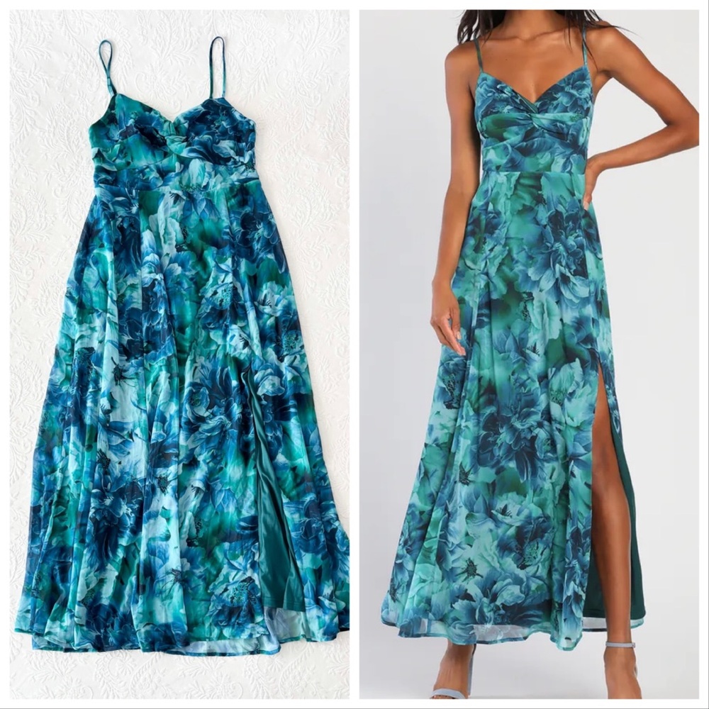 NWOT Lulus Beautiful Soul Teal Green Floral Print Twist-Front Maxi Dress Large
